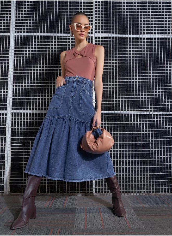 SASSAFRAS Denim Flared Midi Skirt by Styli