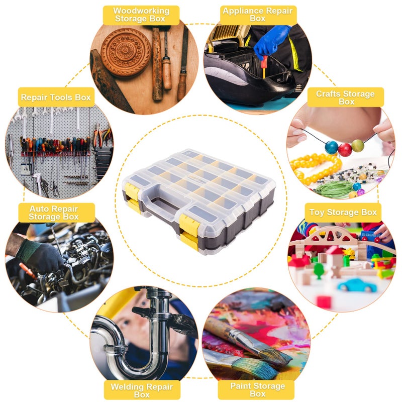 AIDY-PRO Hardware Organizer Box 34 Compartments Small Parts Organizer with Removable Dividers Durable Plastic Double Side Tools Box Screw Organizer For Nuts, Bolts, Screws, Nails, Small Hardware (Yellow) - Image 4