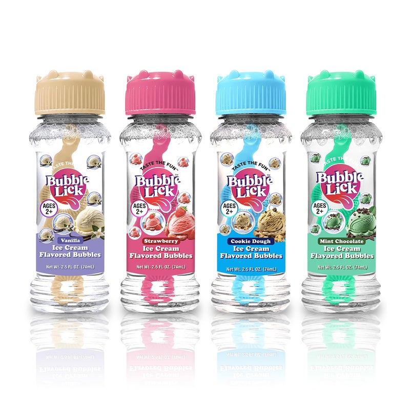 BubbleLick Bubble Lick Ice Cream Flavored Bubbles 4 Pack Vanilla Cookie Dough Strawberry Choc Mint USA Made - Image 1
