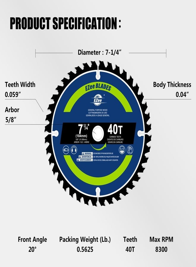 EZee 7-1/4 Inch 40 Teeth with 5/8 Inch Arbor Circular Saw Blades,0.06 Inch Thin Kerf,Tungsten Carbide Tipped(TCT) ATB Teeth Fine Finish for Various Wood Cutting,Framing,Max RPM 7000(1-Pack) - Image 5