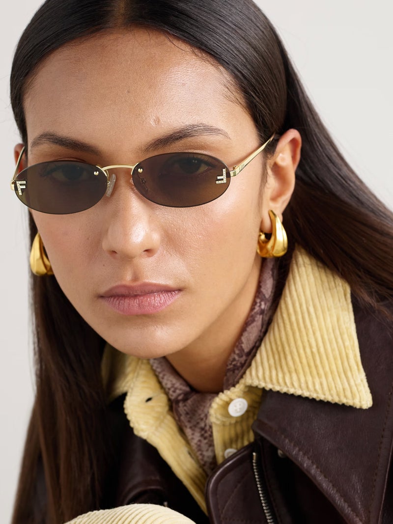 Fendi Oval-frame Crystal-embellished Sunglasses Gold Brown Sunglasses - Image 3