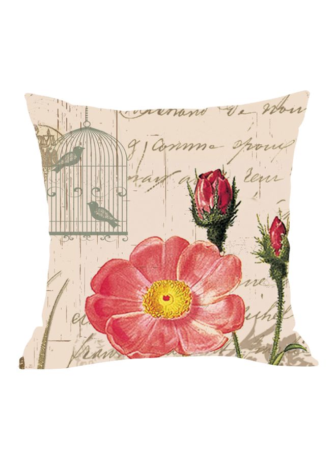 Flowers And Bird Printed Cushion Cover Beige/Pink/Red 45x45cm
