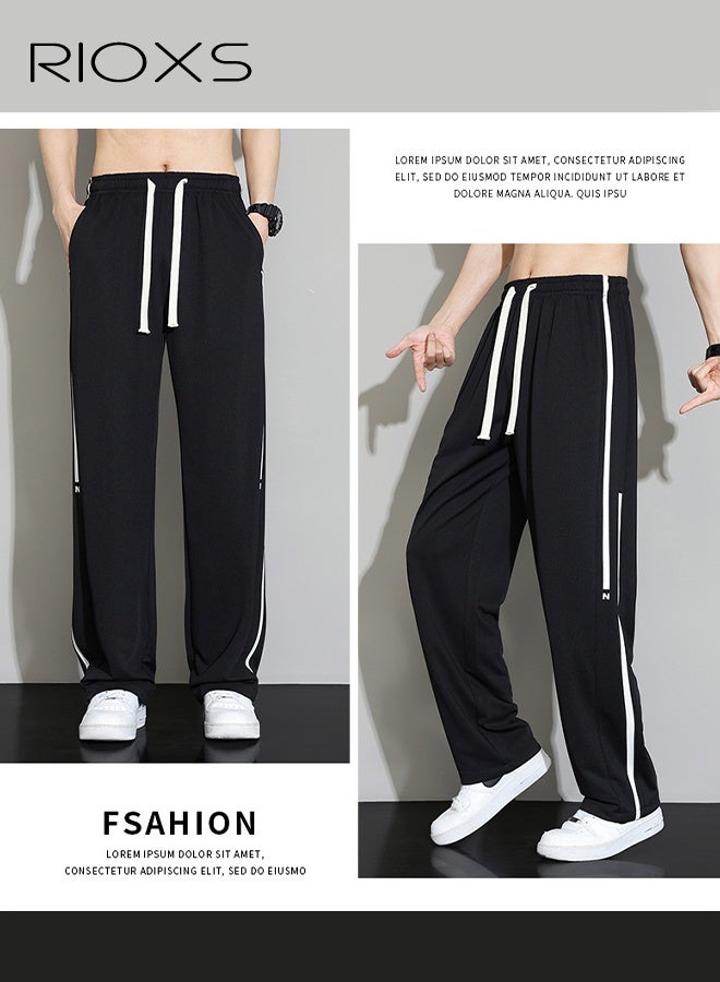 ريوكس بنطلون رجالي أسود بساق مستقيمة، بنطلون صيفي خفيف الوزن بخطوط جانبية، بنطلون كاجوال فضفاض بخصر متوسط الارتفاع، بنطلون رياضي بخصر مطاطي قابل للتنفس للارتداء اليومي والشارع، بنطلون سفر صيفي - Image 2