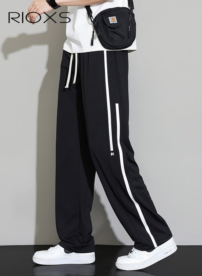 ريوكس بنطلون رجالي أسود بساق مستقيمة، بنطلون صيفي خفيف الوزن بخطوط جانبية، بنطلون كاجوال فضفاض بخصر متوسط الارتفاع، بنطلون رياضي بخصر مطاطي قابل للتنفس للارتداء اليومي والشارع، بنطلون سفر صيفي - Image 4