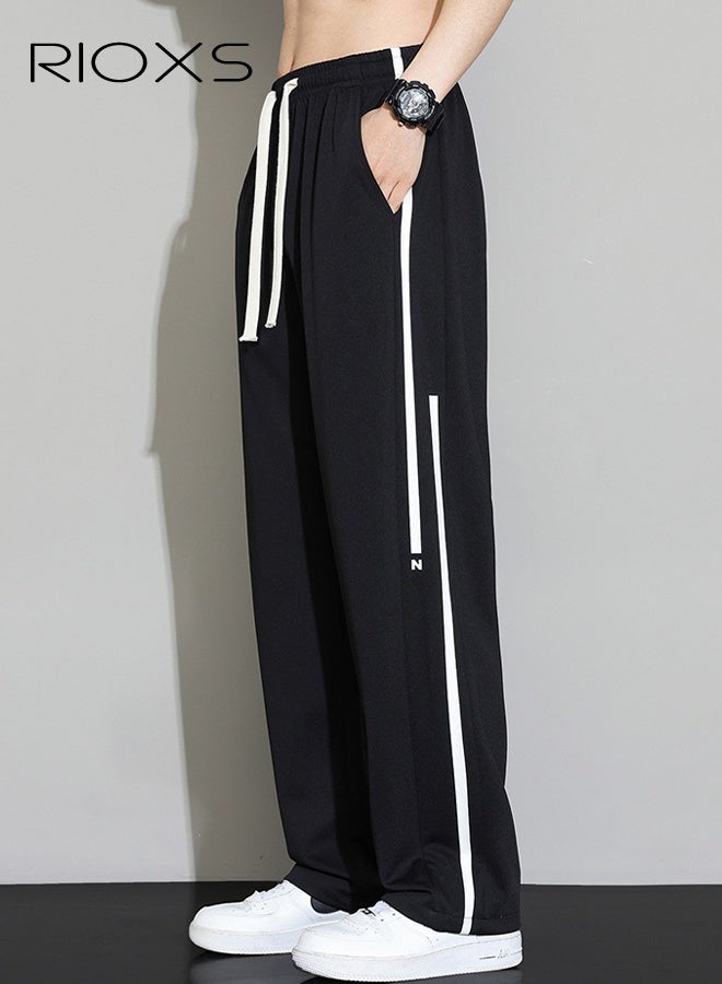 ريوكس بنطلون رجالي أسود بساق مستقيمة، بنطلون صيفي خفيف الوزن بخطوط جانبية، بنطلون كاجوال فضفاض بخصر متوسط الارتفاع، بنطلون رياضي بخصر مطاطي قابل للتنفس للارتداء اليومي والشارع، بنطلون سفر صيفي - Image 3