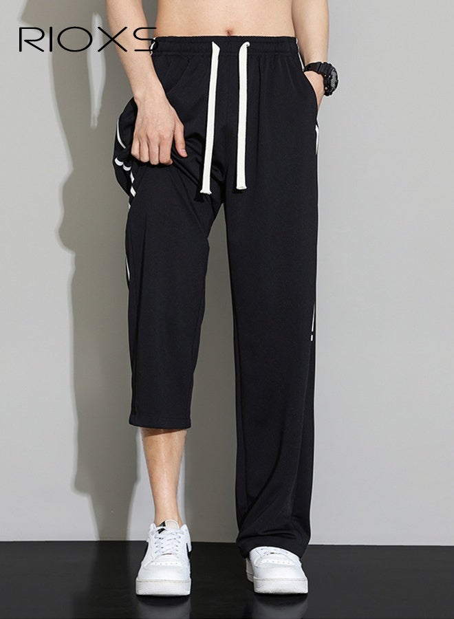 ريوكس بنطلون رجالي أسود بساق مستقيمة، بنطلون صيفي خفيف الوزن بخطوط جانبية، بنطلون كاجوال فضفاض بخصر متوسط الارتفاع، بنطلون رياضي بخصر مطاطي قابل للتنفس للارتداء اليومي والشارع، بنطلون سفر صيفي - Image 1