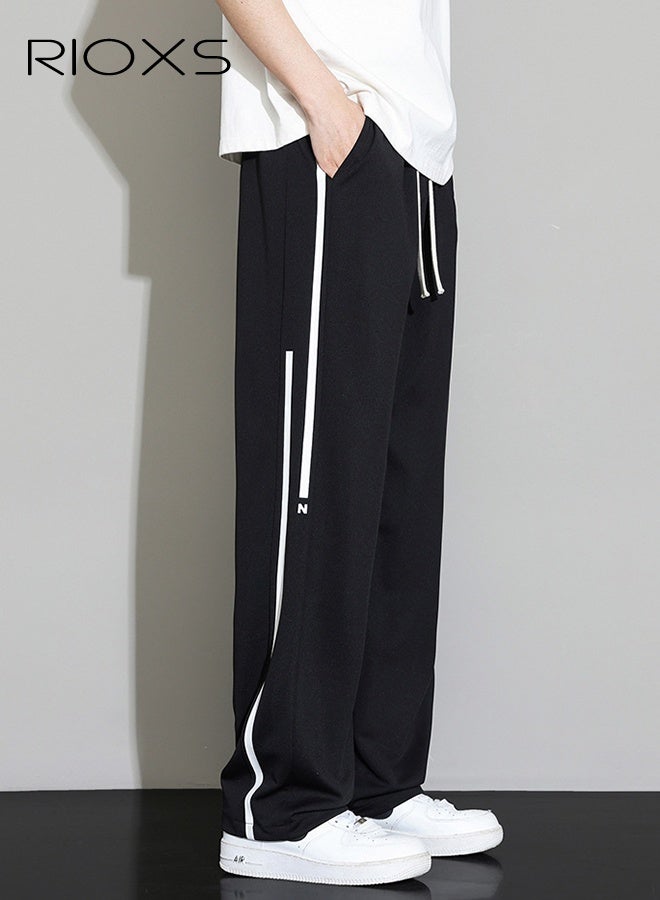 ريوكس بنطلون رجالي أسود بساق مستقيمة، بنطلون صيفي خفيف الوزن بخطوط جانبية، بنطلون كاجوال فضفاض بخصر متوسط الارتفاع، بنطلون رياضي بخصر مطاطي قابل للتنفس للارتداء اليومي والشارع، بنطلون سفر صيفي - Image 5