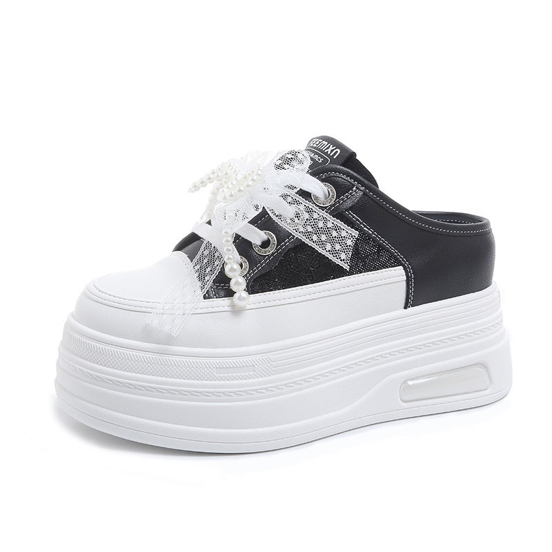 2025 Fashion Height-Increasing Closed-Toe Mules For Outdoor Wear, Lazy Thick-Soled Platform Delicate Mules, White Shoes - Image 1