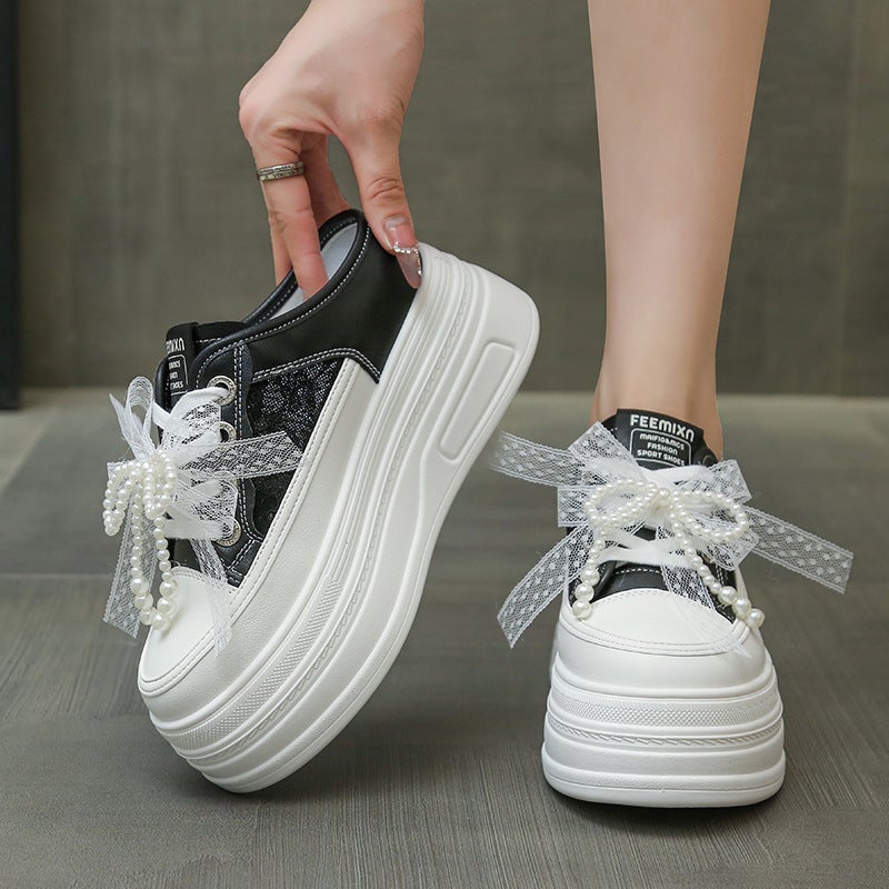 2025 Fashion Height-Increasing Closed-Toe Mules For Outdoor Wear, Lazy Thick-Soled Platform Delicate Mules, White Shoes - Image 5