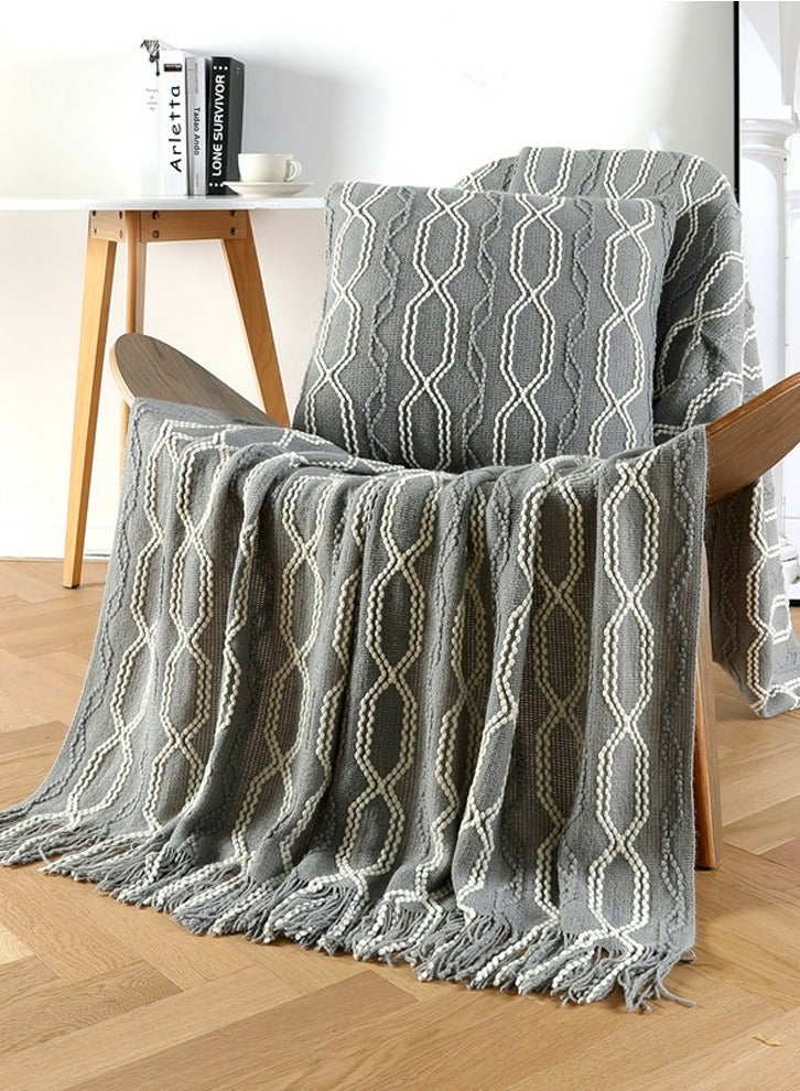Loquat Bohemian Style Tassel Design Knitted Soft Throw Blanket Keep Warm Grey/White - Image 1
