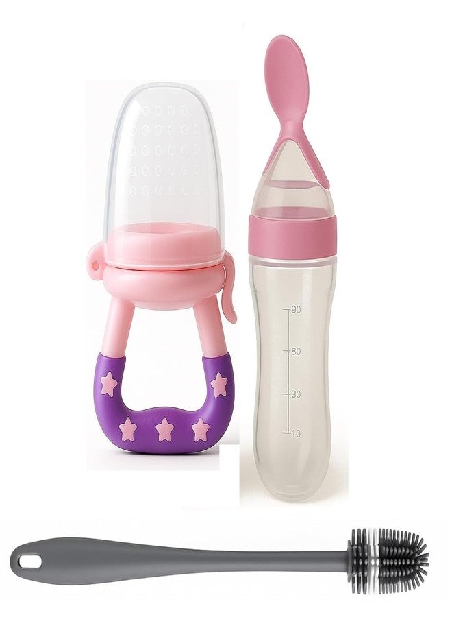Joy Buzz Baby Food Dispensing Spoon Feeder Bottle 90ml and Fruit Feeder/Nibbler/Pacifier with Cleaning Brush Pack of 3 (Pink)