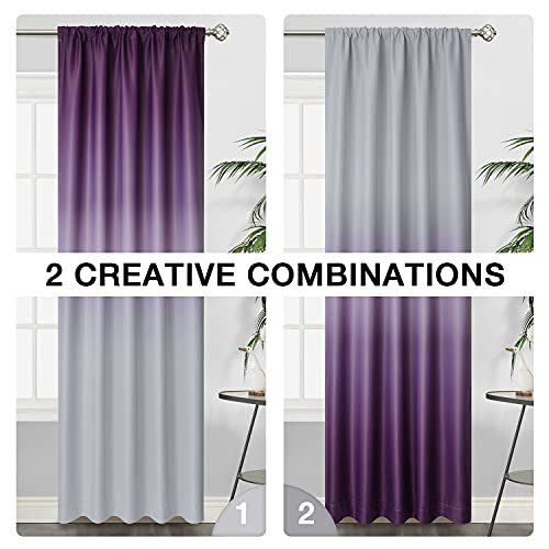 SimpleHome Rod Pocket Ombre Room Darkening Curtains for Bedroom, Light Blocking Gradient Purple and Greyish White Thermal Insulated Curtains Drapes for Living Room,2 Panels, 52x84 inches Length - Image 3