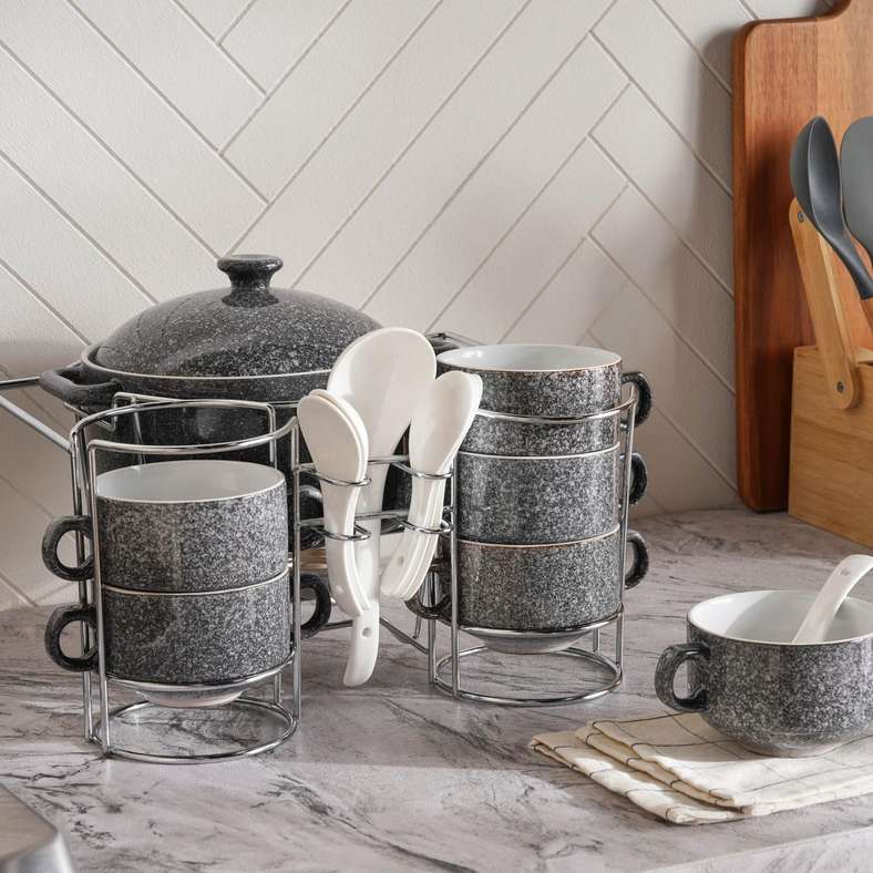Pan Home Petronella Stoneware Soup Set - Dark Grey