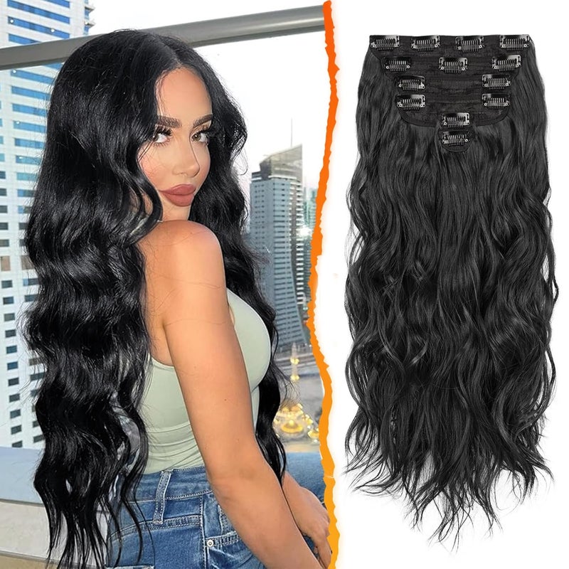 BARSDAR Beach Wavy Black Clip in Hair Extensions  20 Inch 6PCS Thick Soft Synthetic Hairpieces Full Head Clip in Hair Extensions for Women  Long Voluminous Easy Wear Daily Party  Natural Black