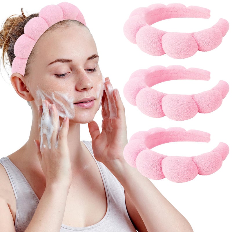 WHAVEL 3 Pack Spa Headband Skincare Headbands, Makeup Headband Sponge Terry Cloth Headbands Face Wash Headband Puffy Hair Band for Washing Face Women Girls (Pink) - Image 1