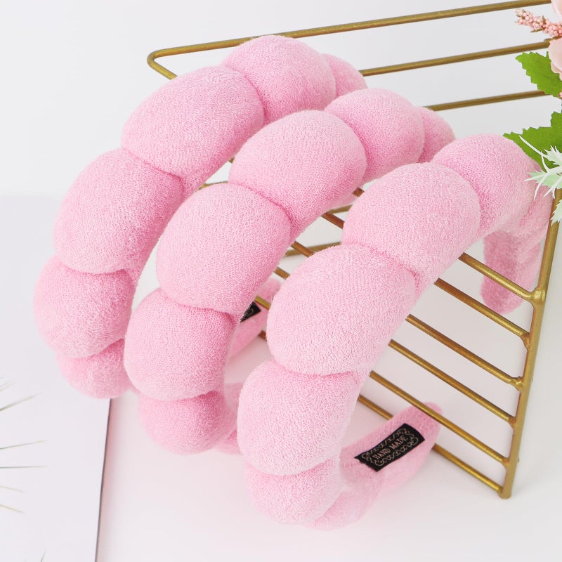WHAVEL 3 Pack Spa Headband Skincare Headbands, Makeup Headband Sponge Terry Cloth Headbands Face Wash Headband Puffy Hair Band for Washing Face Women Girls (Pink) - Image 3