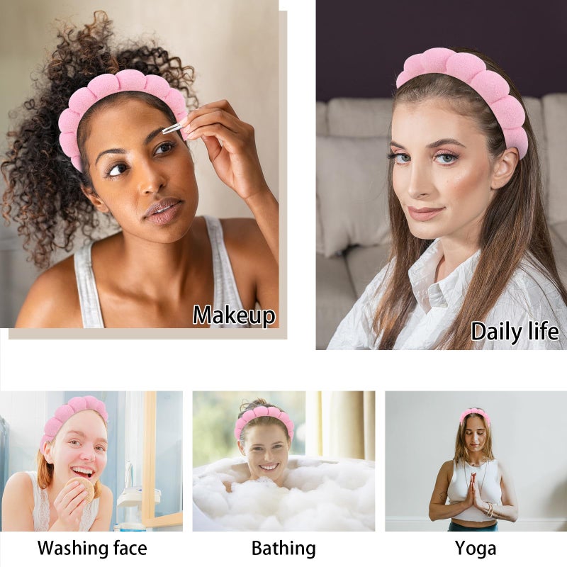 WHAVEL 3 Pack Spa Headband Skincare Headbands, Makeup Headband Sponge Terry Cloth Headbands Face Wash Headband Puffy Hair Band for Washing Face Women Girls (Pink) - Image 4
