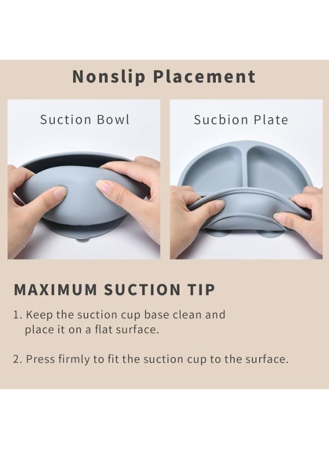 Chicco Silicone Baby Feeding Set 6 Pieces BPA Free Baby Led Weaning Supplies with Suction Bowl Plate Spoon Fork Bib and Sippy Cup Baby Toddler Feeding Dish Set with Divided Plate Snack Cup Straw Cup and Self Feeding Accessories for Infants and Toddlers - Grey - Image 5