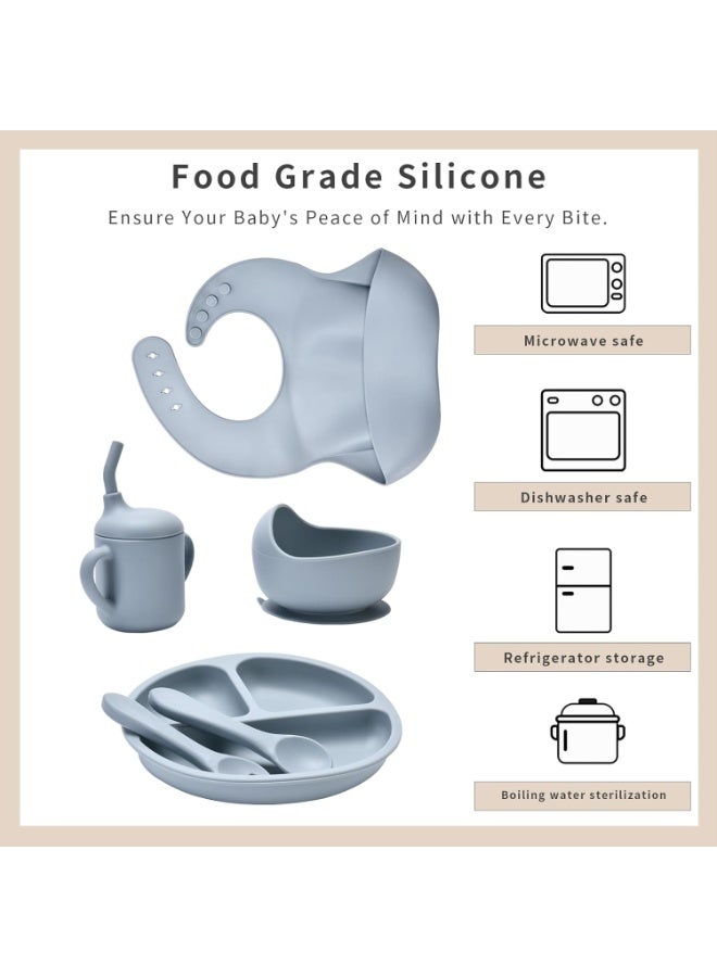 Chicco Silicone Baby Feeding Set 6 Pieces BPA Free Baby Led Weaning Supplies with Suction Bowl Plate Spoon Fork Bib and Sippy Cup Baby Toddler Feeding Dish Set with Divided Plate Snack Cup Straw Cup and Self Feeding Accessories for Infants and Toddlers - Grey - Image 4