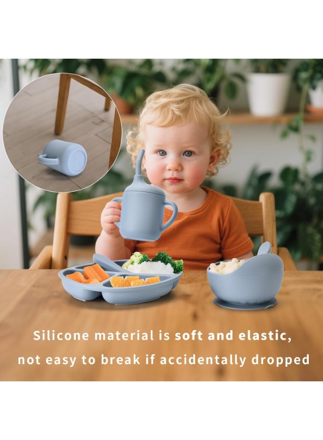 Chicco Silicone Baby Feeding Set 6 Pieces BPA Free Baby Led Weaning Supplies with Suction Bowl Plate Spoon Fork Bib and Sippy Cup Baby Toddler Feeding Dish Set with Divided Plate Snack Cup Straw Cup and Self Feeding Accessories for Infants and Toddlers - Grey - Image 2