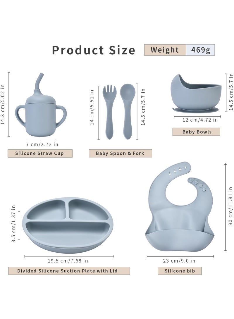 Chicco Silicone Baby Feeding Set 6 Pieces BPA Free Baby Led Weaning Supplies with Suction Bowl Plate Spoon Fork Bib and Sippy Cup Baby Toddler Feeding Dish Set with Divided Plate Snack Cup Straw Cup and Self Feeding Accessories for Infants and Toddlers - Grey - Image 3