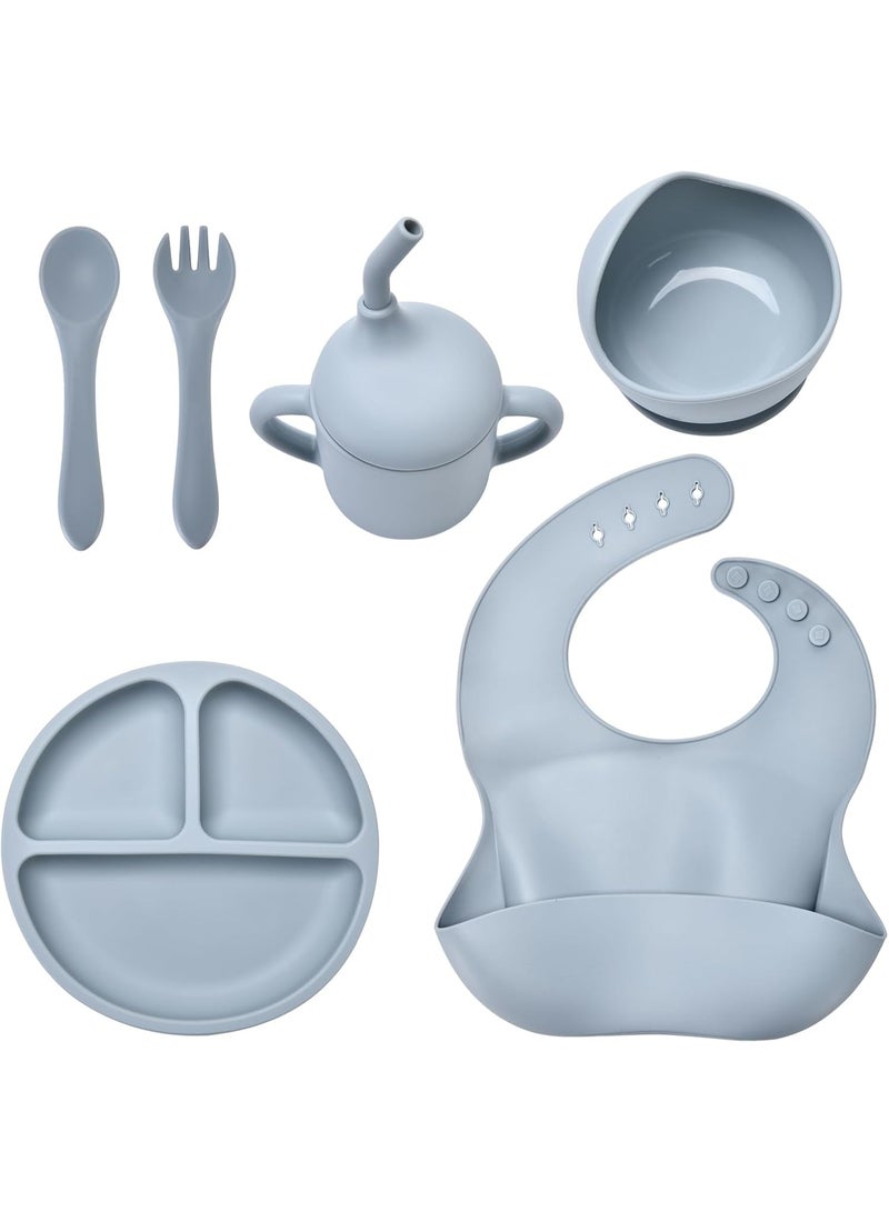 Chicco Silicone Baby Feeding Set 6 Pieces BPA Free Baby Led Weaning Supplies with Suction Bowl Plate Spoon Fork Bib and Sippy Cup Baby Toddler Feeding Dish Set with Divided Plate Snack Cup Straw Cup and Self Feeding Accessories for Infants and Toddlers - Grey - Image 1