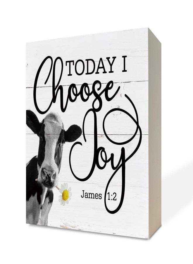 Razpah Christian Wood Signs, James 1:2 - Today I Choose Joy, Box Sign Decor Tabletop, Cow Decor Sign, Decorative Block Sign, Inspirational Sign, Farmhouse Decor for Shelf, Rustic Christian Home Table Décor - Image 1