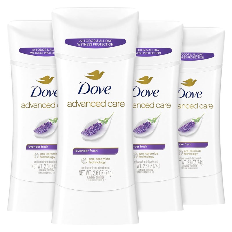 Dove Advanced Care Antiperspirant Deodorant Stick Lavender Fresh 4 ct for helping your skin barrier repair72 hr odor control and sweat protection for soft underarms with boosted ceramide levels 2.6 oz