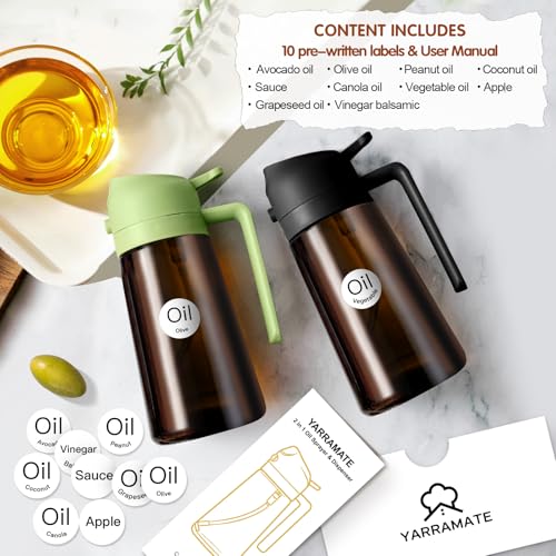 ‎YARRAMATE YARRAMATE 2PCS 16oz/470ml 2 in 1 Oil Sprayer for Cooking with Stickers, Dark Amber Food-Grade Olive Oil Dispenser Bottle for Kitchen, Air Fryer, Grill - Light Blockage(Black & Green) - Image 3
