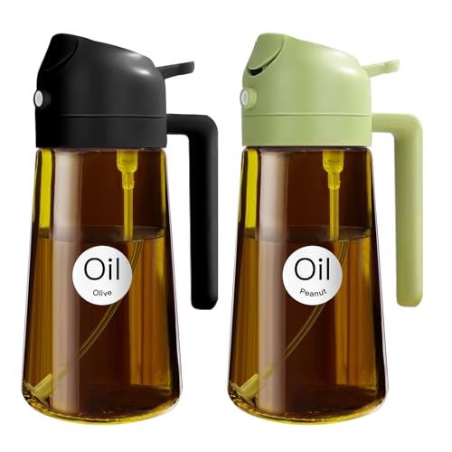 ‎YARRAMATE YARRAMATE 2PCS 16oz/470ml 2 in 1 Oil Sprayer for Cooking with Stickers, Dark Amber Food-Grade Olive Oil Dispenser Bottle for Kitchen, Air Fryer, Grill - Light Blockage(Black & Green) - Image 1