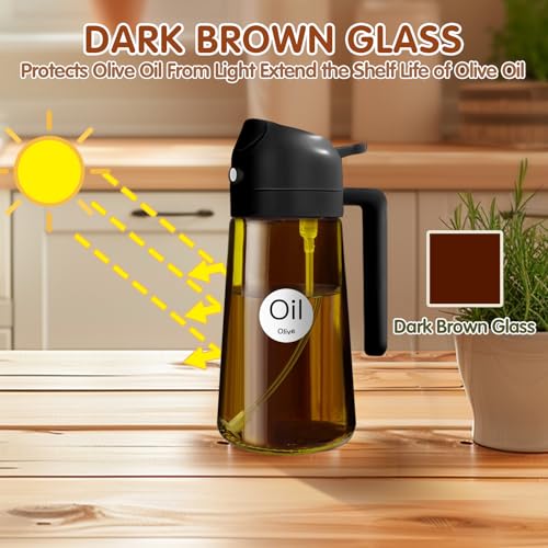 ‎YARRAMATE YARRAMATE 2PCS 16oz/470ml 2 in 1 Oil Sprayer for Cooking with Stickers, Dark Amber Food-Grade Olive Oil Dispenser Bottle for Kitchen, Air Fryer, Grill - Light Blockage(Black & Green) - Image 2