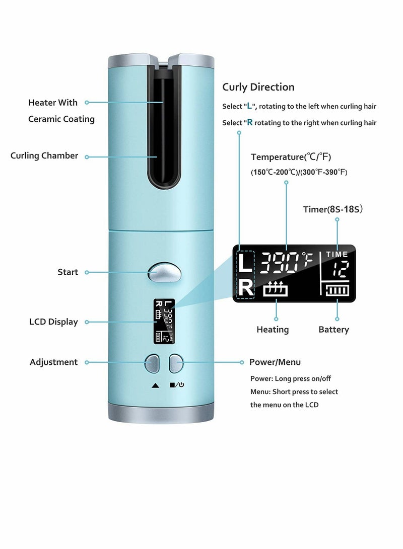 Zikra Automatic Hair Curler, Anti-Tangle Wireless Auto Curling Iron Wand, Portable USB Rechargeable Spin Curler Ceramic Barrel Rotating for Long Hair, Fast Heating for Hair Styling, Hair Styling Tools(Blue) - Image 5