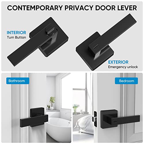 TICONN Matte Black Door Handle Heavy Duty, Reversible Square Door Lever for Bedroom, Bathroom, Rooms (Privacy, 1 Pack) - Image 2