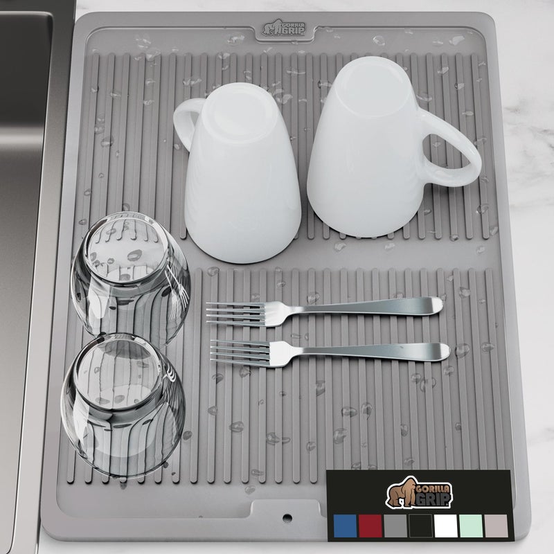 GORILLA GRIP 100 BPAFree Patented Silicone Dish Drying Mat for Kitchen Counter 18x16 Inch Water Catching Ribbed Design Easy Clean Waterproof Sink Liner Heat Resistant Fits Under Rack Gray