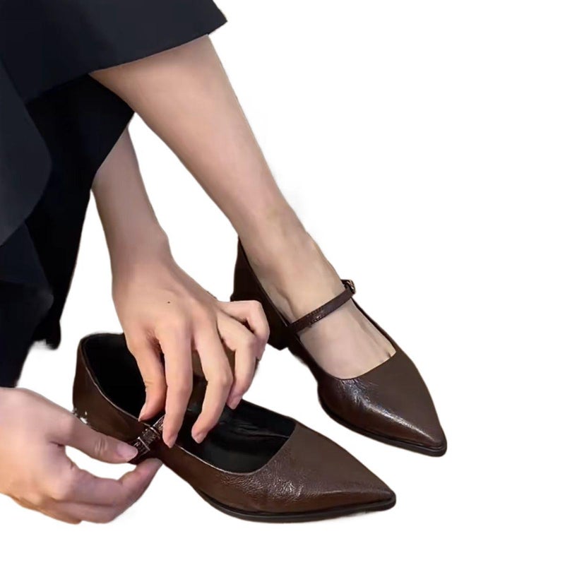 Fashion New Arrivals Pointed Toe Design Thickened Upper Chunky Heel Solid Color Retro Shoes - Image 5