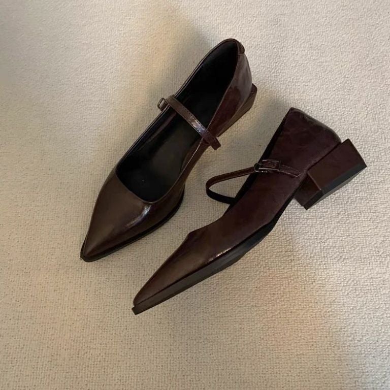 Fashion New Arrivals Pointed Toe Design Thickened Upper Chunky Heel Solid Color Retro Shoes - Image 3