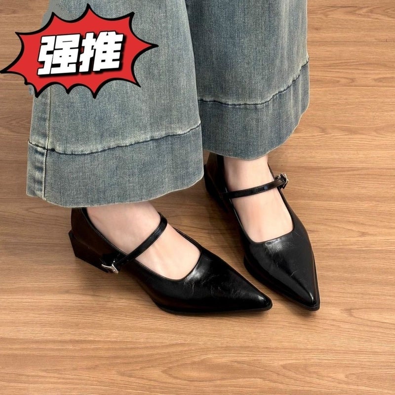 Fashion New Arrivals Pointed Toe Design Thickened Upper Chunky Heel Solid Color Retro Shoes - Image 2