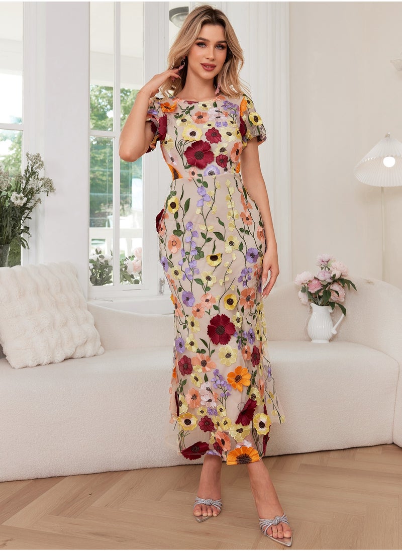 Madam Uniq New Luxury Round Neck Embroidered 3D Floral Puff Sleeve Mid-Length Dress  - Image 3