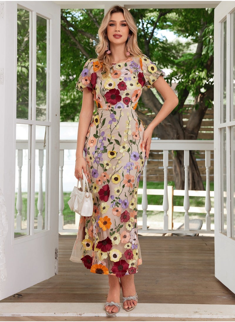 Madam Uniq New Luxury Round Neck Embroidered 3D Floral Puff Sleeve Mid-Length Dress  - Image 5