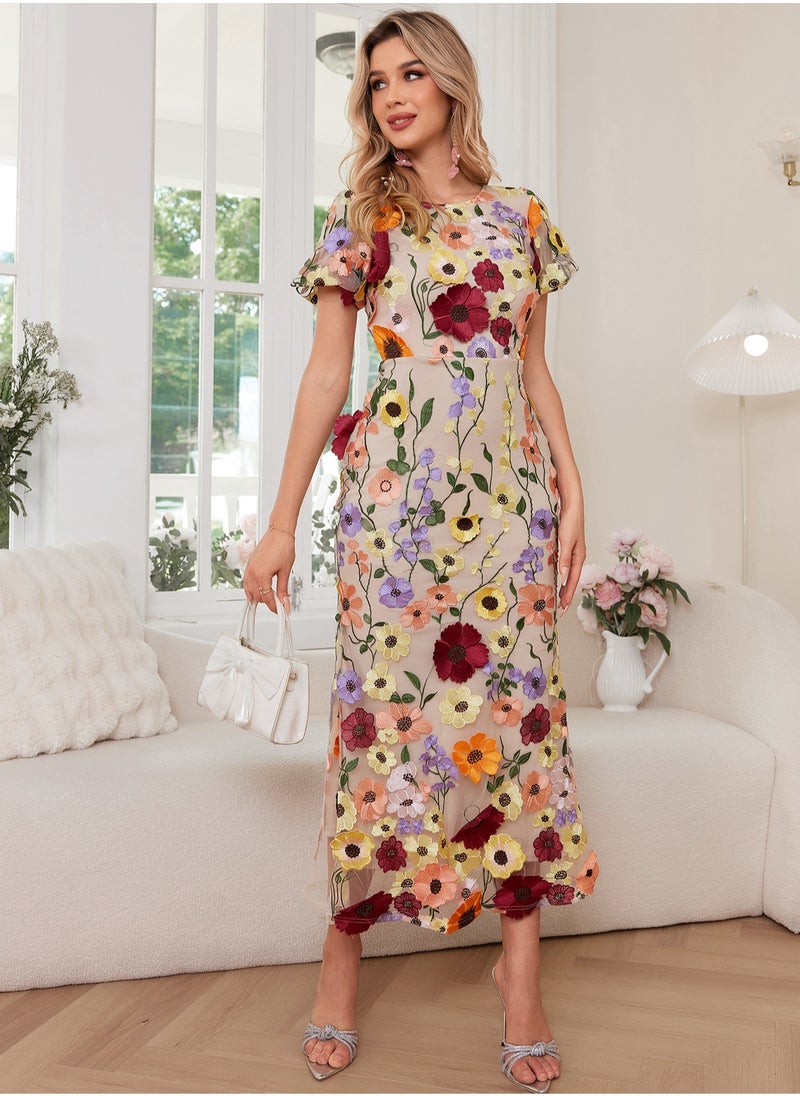 Madam Uniq New Luxury Round Neck Embroidered 3D Floral Puff Sleeve Mid-Length Dress  - Image 4