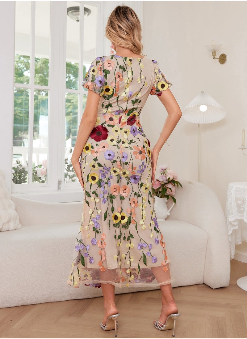 Madam Uniq New Luxury Round Neck Embroidered 3D Floral Puff Sleeve Mid-Length Dress  - Image 2
