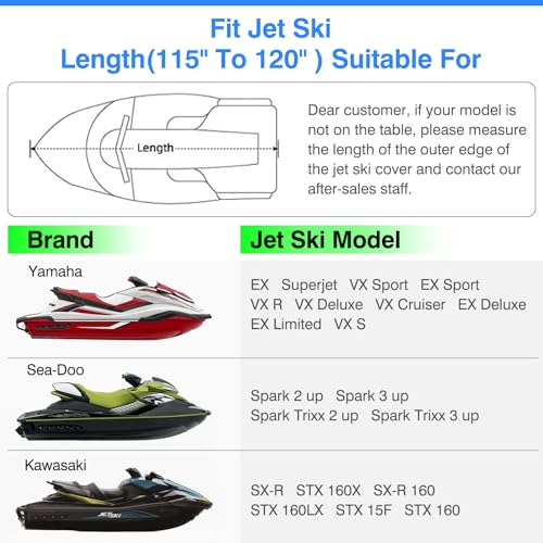 SILIVN Jet Ski Cover, Compatible with Yamaha, Seadoo, Kawa, Jet Ski Covers with 2 Air Vents, 300D Duty Waterproof Oxford Fabric, from 115"-120" 1or 3-Seater Watercrafts - Image 4