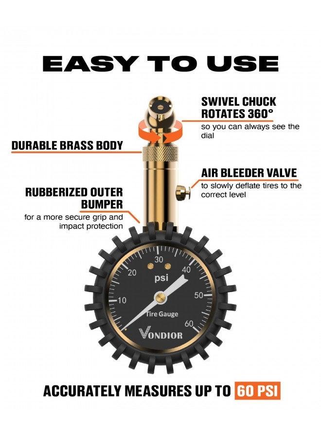 Vondior Tire Pressure Gauge - (0-60 Psi) Heavy Duty, Certified Ansi Accurate With Large 2 Inch Easy To Read Glow Dial, Low - High Air Pressure Gauge. Tire Gauge For Car And Trucks Tires By Vondior - Image 2