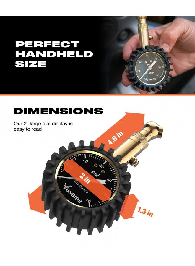Vondior Tire Pressure Gauge - (0-60 Psi) Heavy Duty, Certified Ansi Accurate With Large 2 Inch Easy To Read Glow Dial, Low - High Air Pressure Gauge. Tire Gauge For Car And Trucks Tires By Vondior - Image 1