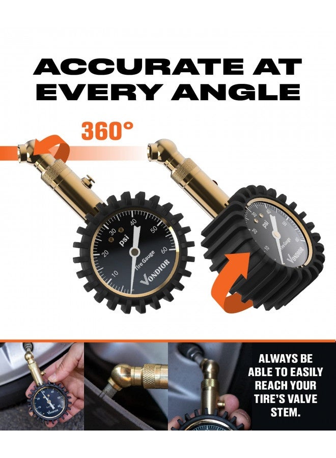 Vondior Tire Pressure Gauge - (0-60 Psi) Heavy Duty, Certified Ansi Accurate With Large 2 Inch Easy To Read Glow Dial, Low - High Air Pressure Gauge. Tire Gauge For Car And Trucks Tires By Vondior - Image 4