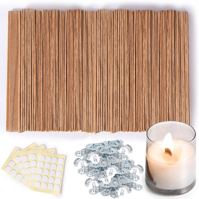 Ziosxin 300 Thicken Smokeless Wooden Candle Wicks  Long Lasting Flame  Easily Burn 12mm Thickness 51 X 05 Candle Cores with Iron Stand and Glue Dot for DIY Candle Making Craft