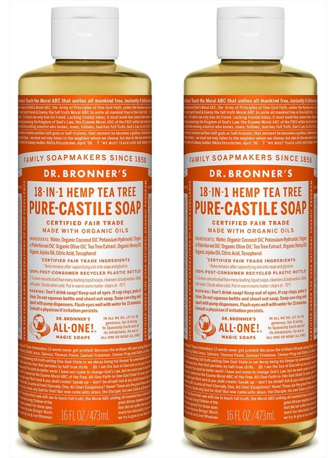 Dr. Bronner's صابون سائل بيور كاستيل (شجرة الشاي، 16 أونصة، عبوتين) - مصنوع من زيوت عضوية، 18 استخدام: للبشرة المعرضة لحب الشباب، قشرة الرأس، الغسيل، الحيوانات الأليفة والأطباق، مركز، نباتي - Image 1