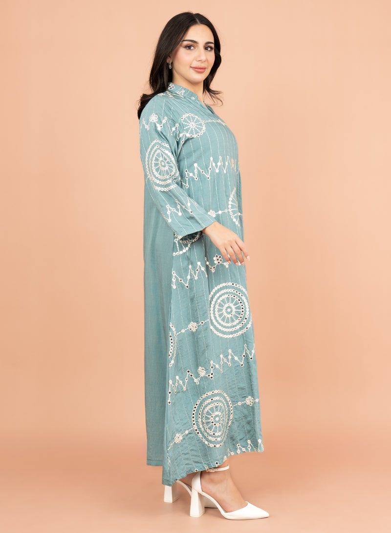 IKKXA Elegant Jalabiya with Intricate Embroidery Work IK6004 Blue - Image 3