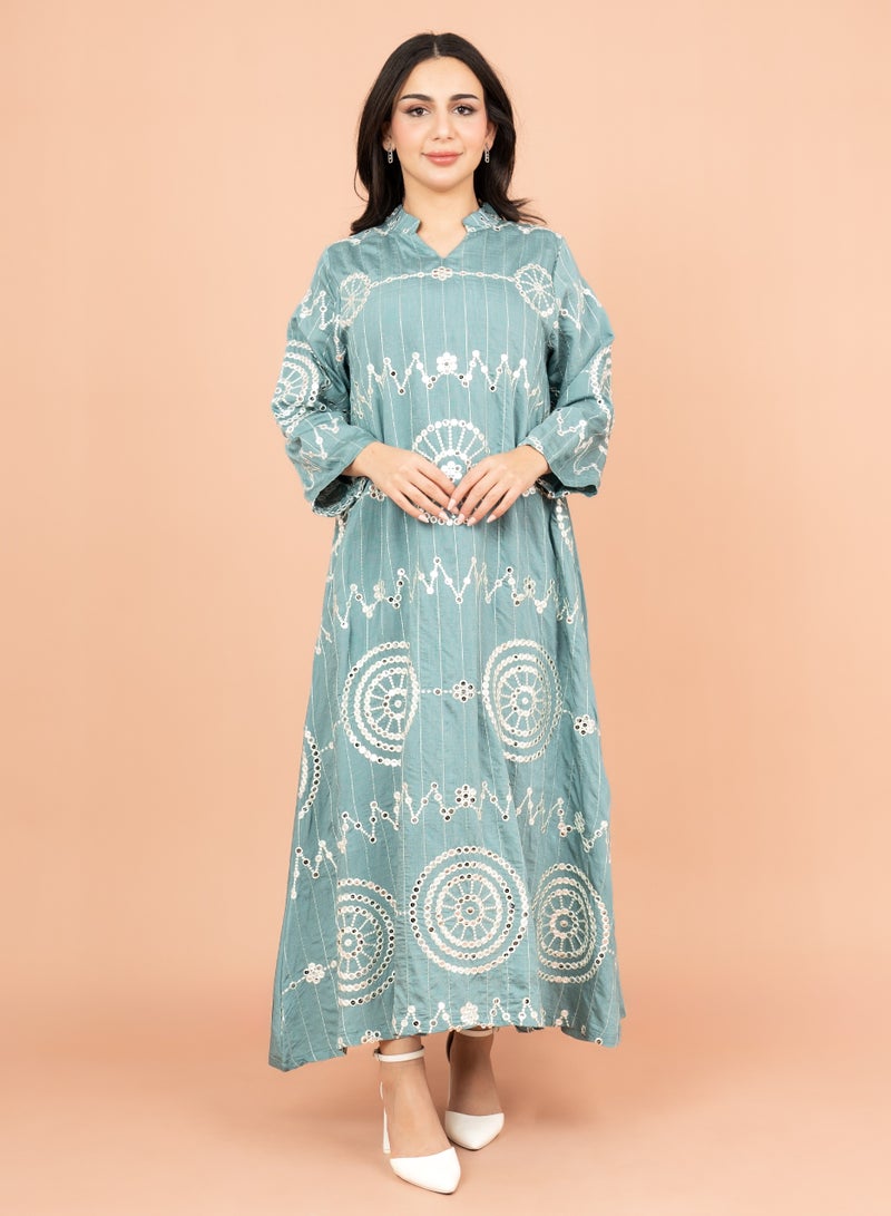 IKKXA Elegant Jalabiya with Intricate Embroidery Work IK6004 Blue - Image 1