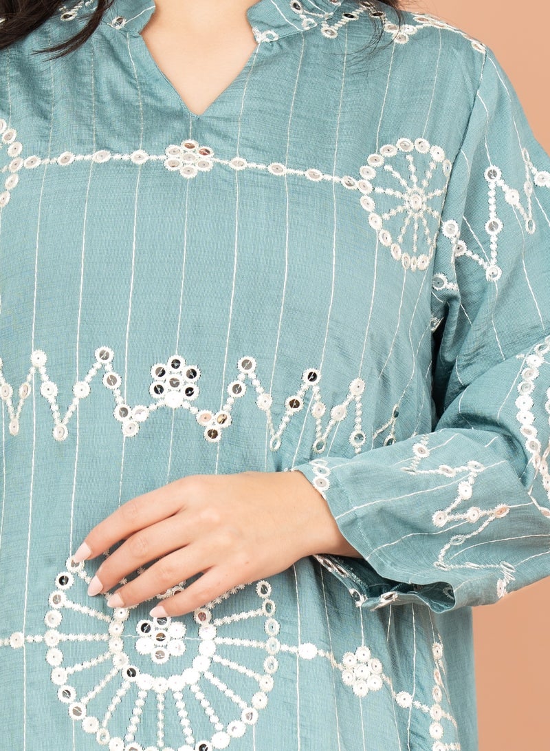 IKKXA Elegant Jalabiya with Intricate Embroidery Work IK6004 Blue - Image 2